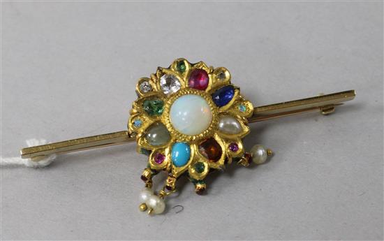 An Indian gold, enamel and multi gem set bar brooch, 2.25in.